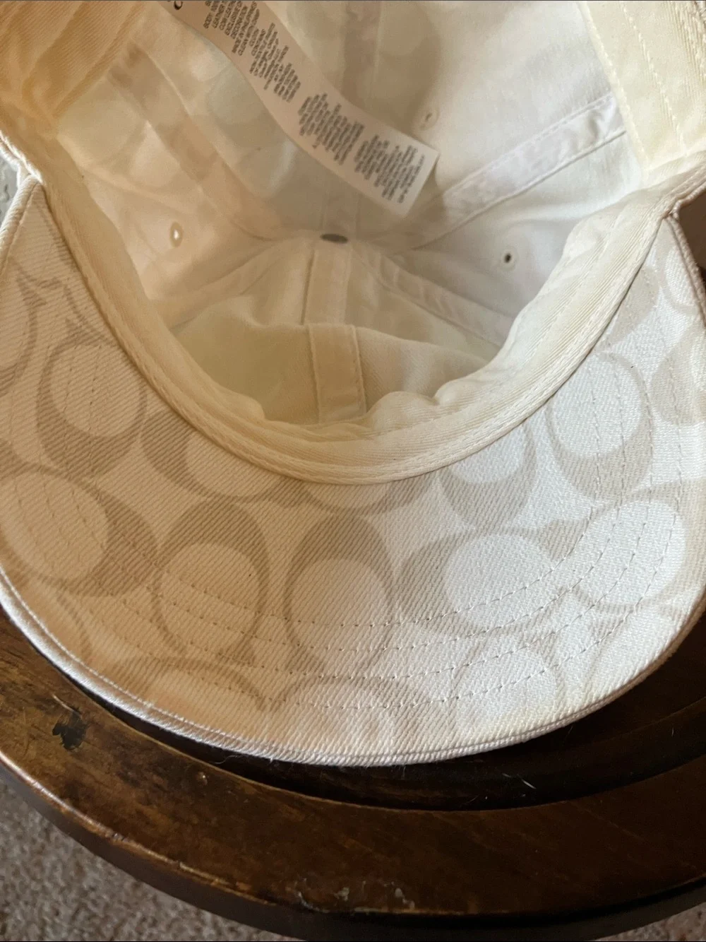 Coach: Cream Signature Baseball Cap- Leather Strap- M/L